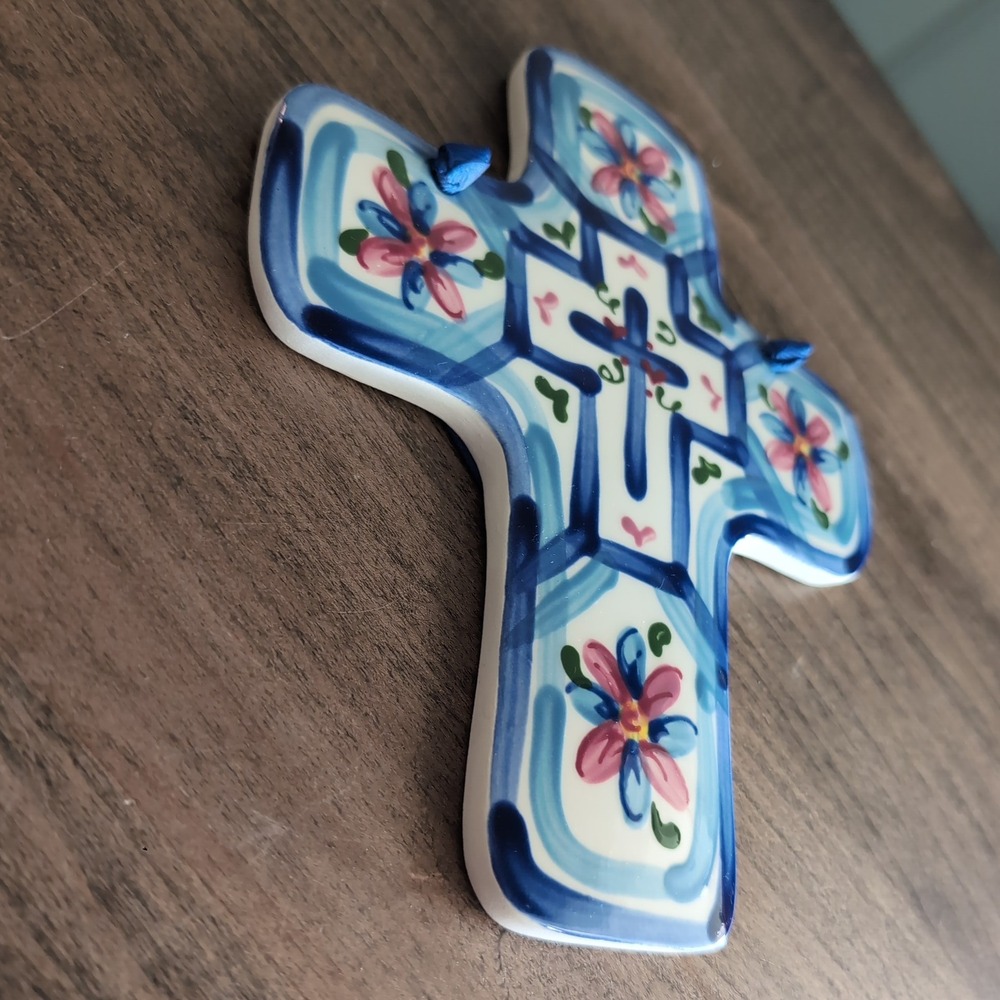 J. Duban Designs Wall Cross Blue Floral Handpainted Ceramic Hanging Tile Christ - Picture 5 of 9